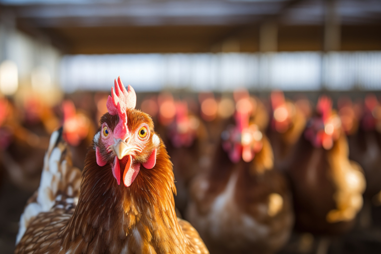 Flock of egg laying domestic hens with brown feathers standing on floor of poultry farm shed with cages in daylight against blurred reflecting background